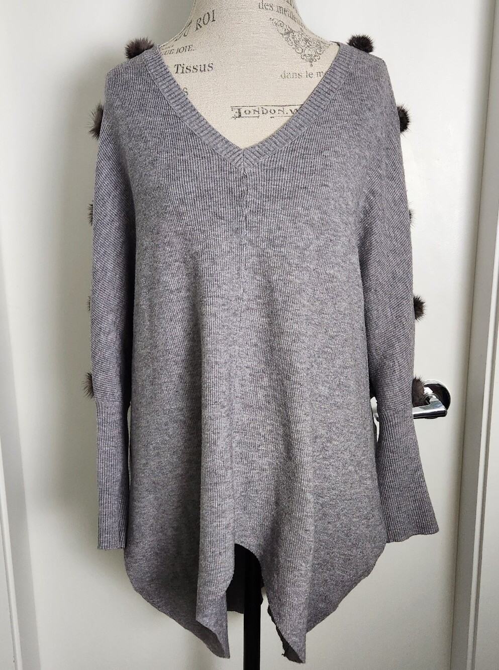 Grey Knit Vneck Sweater Fur Pompoms